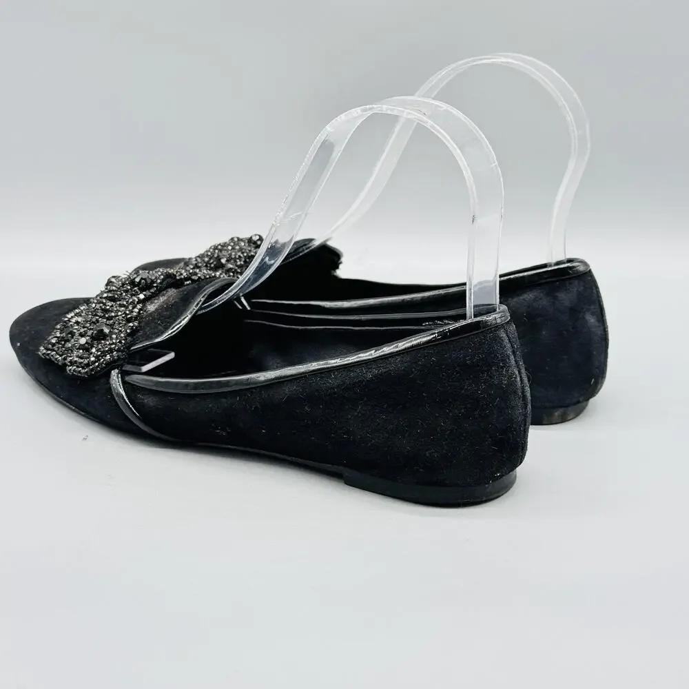 Tory Burch Shoes Womens 5.5 Black Suede Carissa Ballet Flats Beaded Bow Slip On